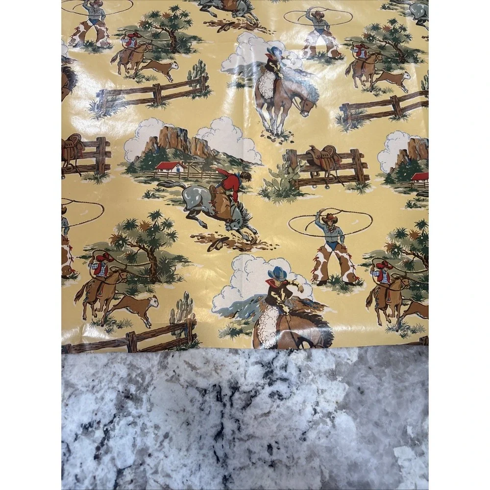VTG Sheet of Cowboy Wrapping Paper 25 1/2x30 Horses Cow Saddle Wild West‎ Lasso